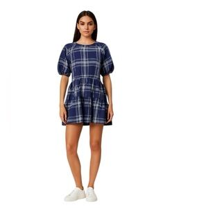 Hill House - Navy Plaid Cotton Mini Dress Sz S